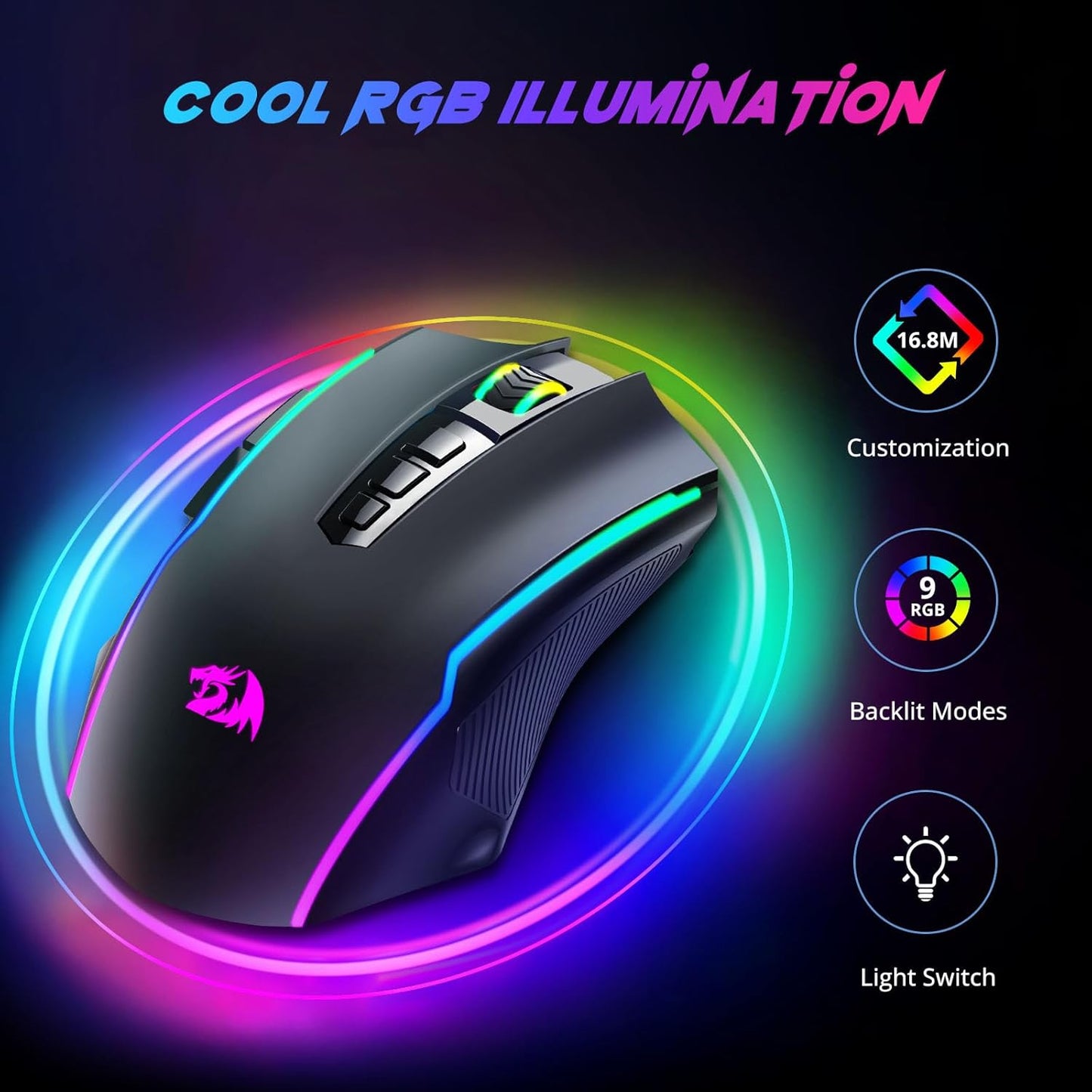 Mouse inalámbrico para juegos, con 8000 DPI, Redragon, RGB.