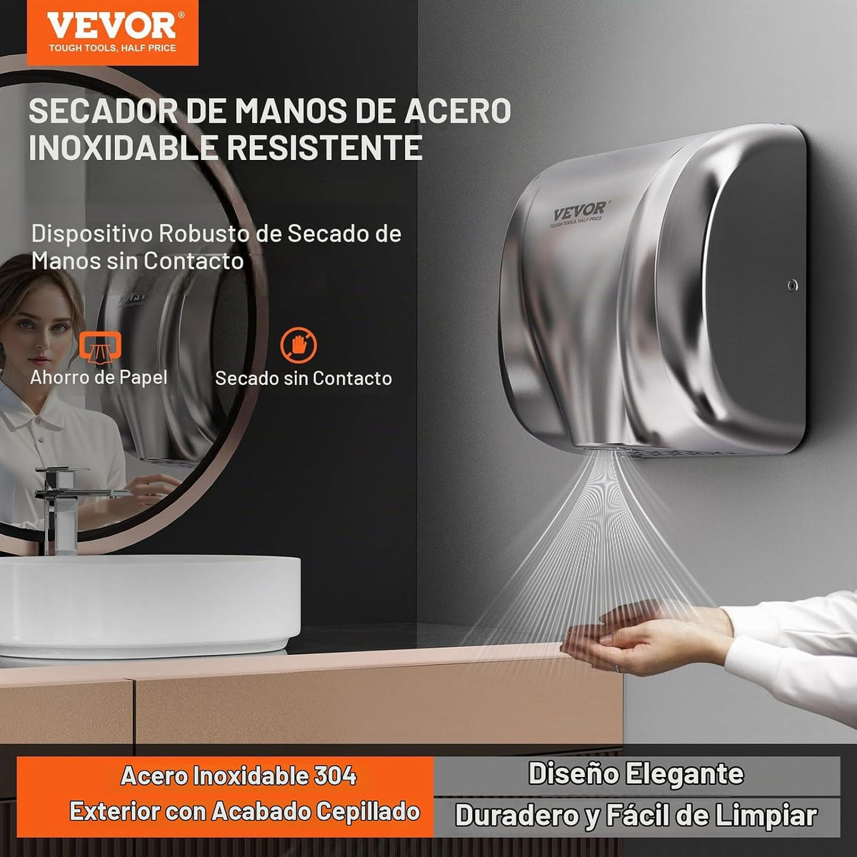 Secador de manos VEVOR de acero inoxidable montado en pared de baño comercial — vista 2