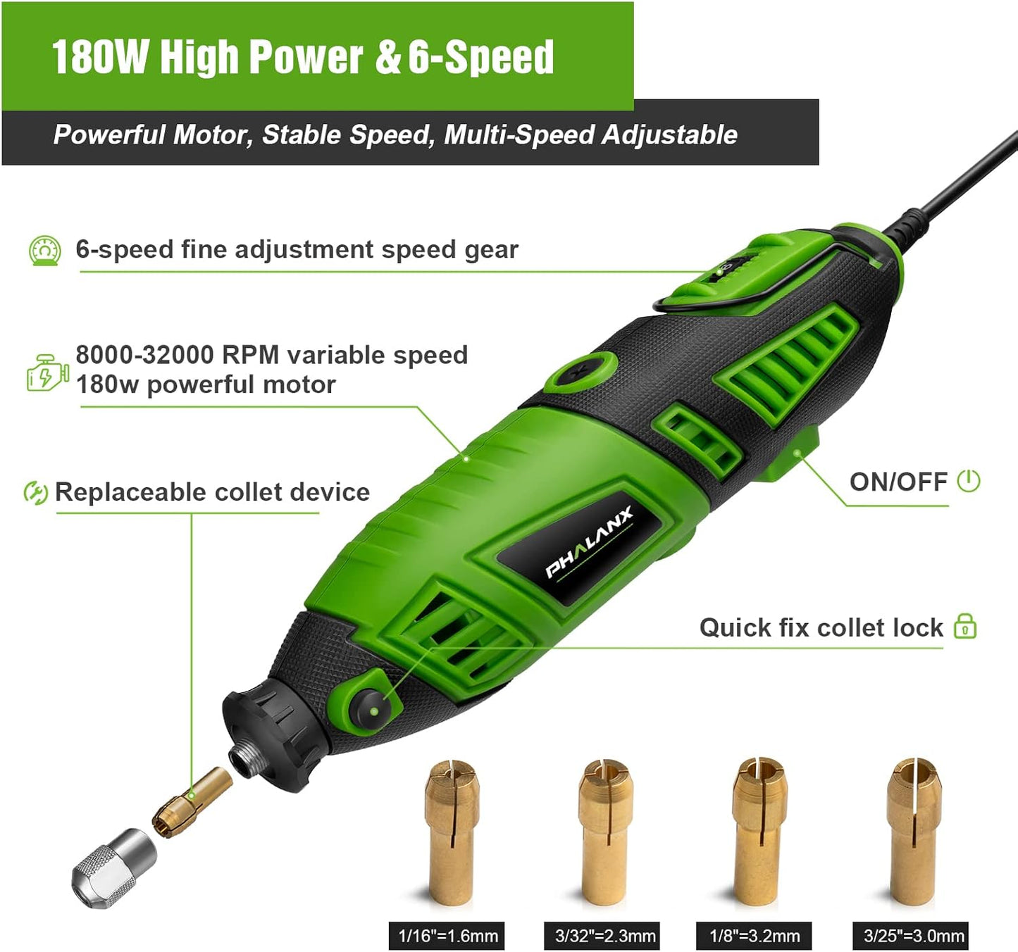 Kit de herramientas rotativas de 180 W, PHALANX de 1.5 amperios 6 velocidades