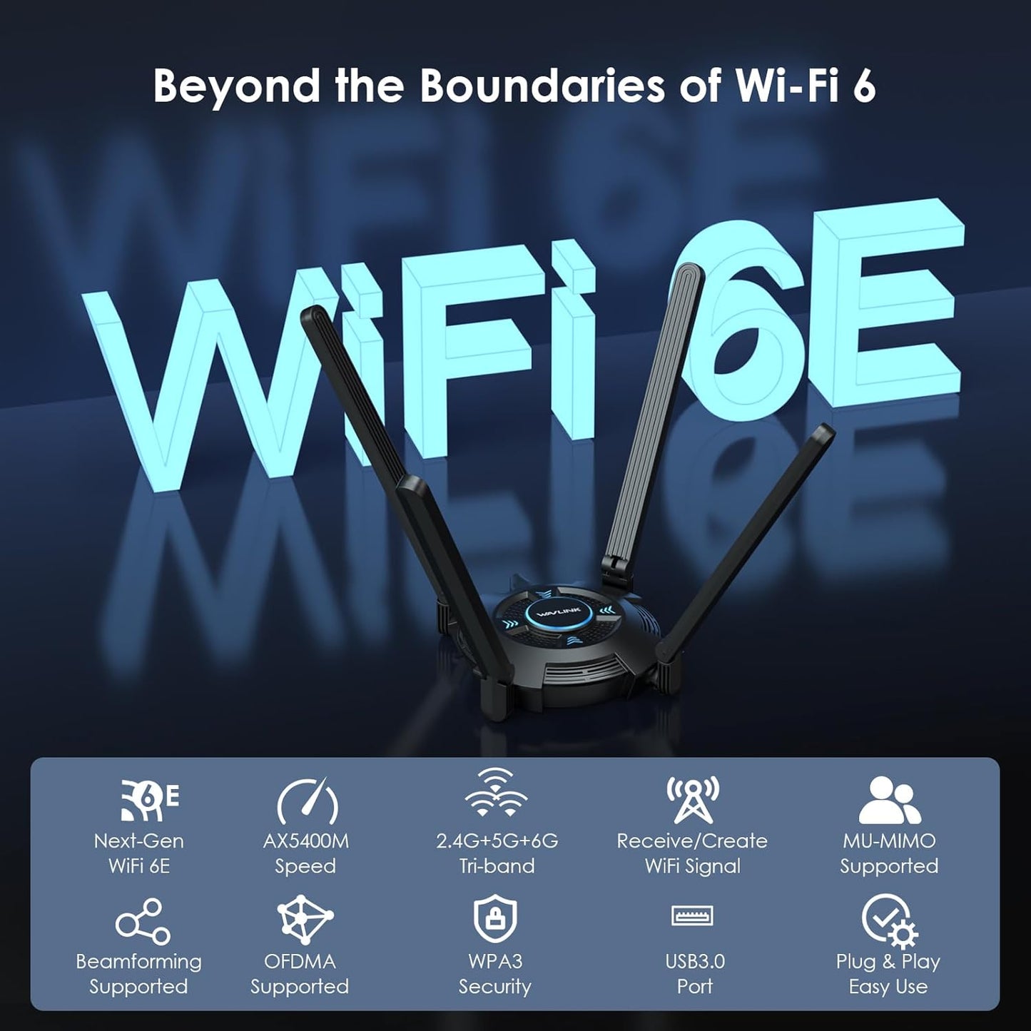 Adaptador USB WiFi 6 WAVLINK AX5400 de largo alcance para PC y portátil.