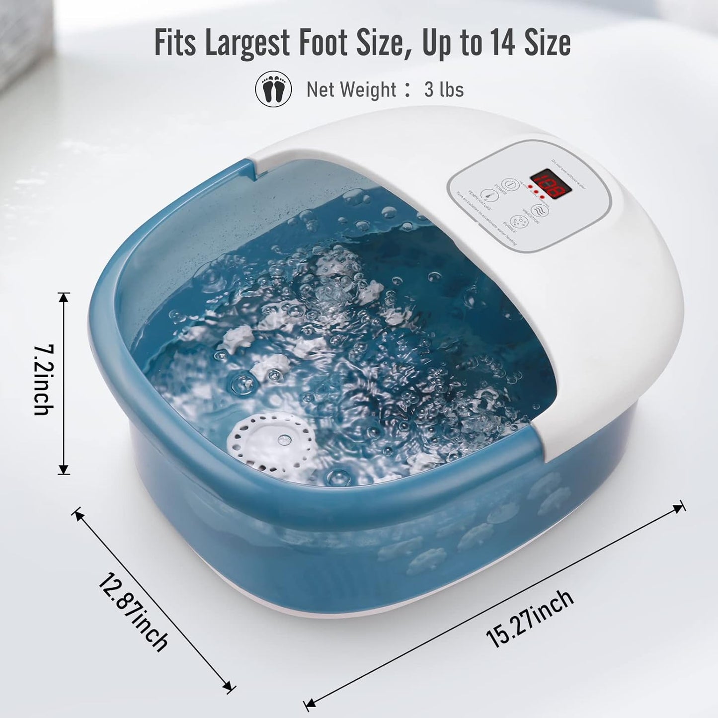 Masajeador de baño de pies con calor, burbujas, vibración, y 14 rodillos de masaje.