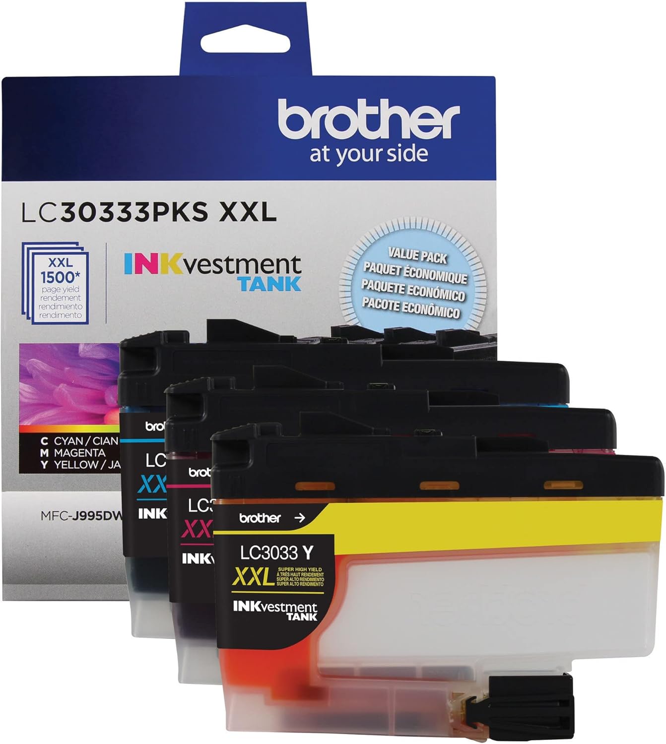 Brother LC30333PKS - Paquete de 3 cartuchos de tinta de color de alto rendimiento.
