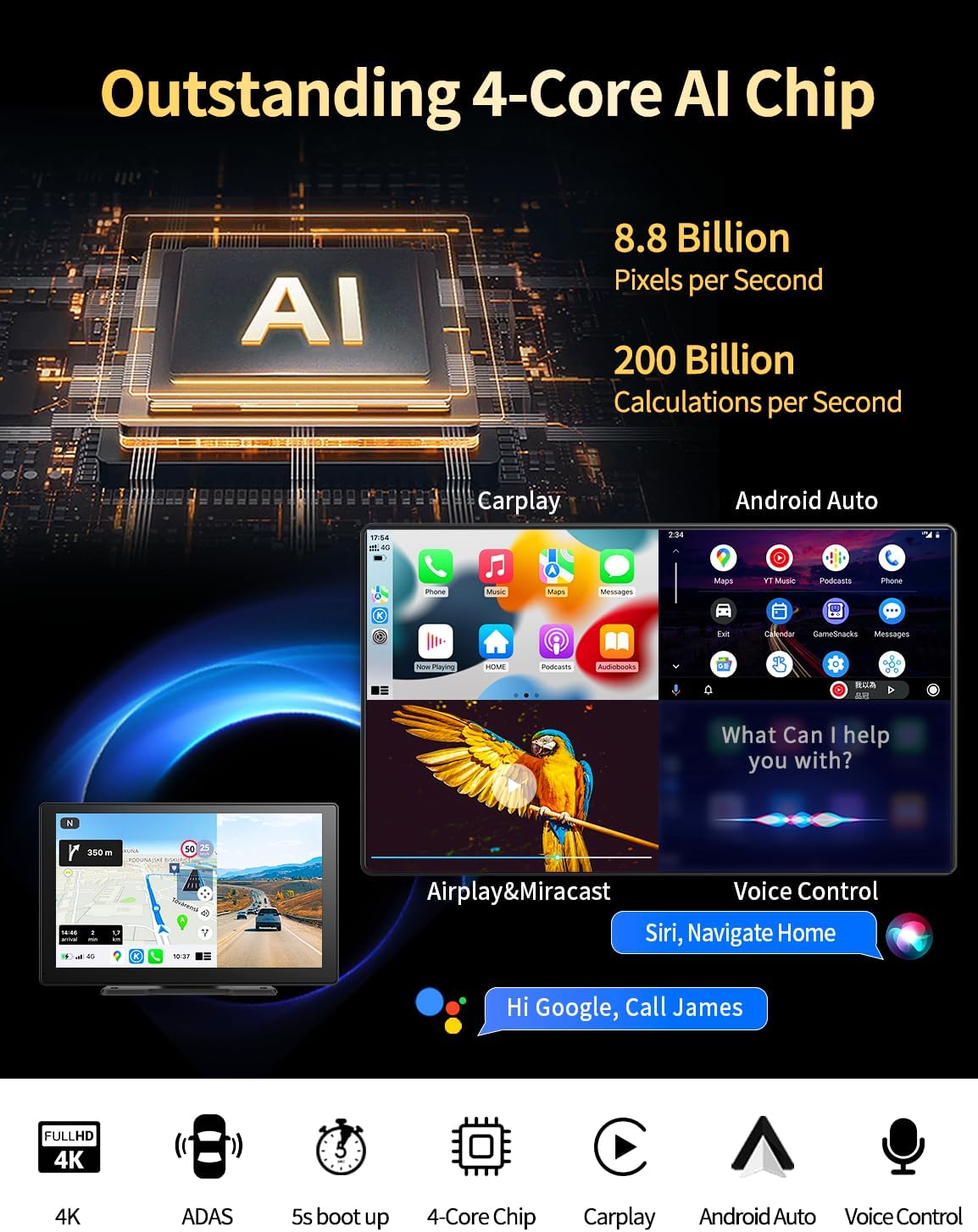 Visualización portátil de 9 " para coche, Apple CarPlay y Android Auto, cámara 4K y 1080P