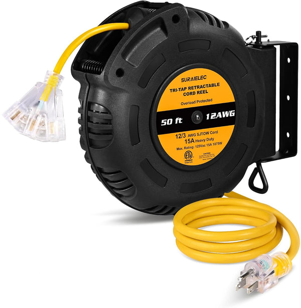Carrete de cable de extensión retráctil de calibre 12, 50 FT (USADO).