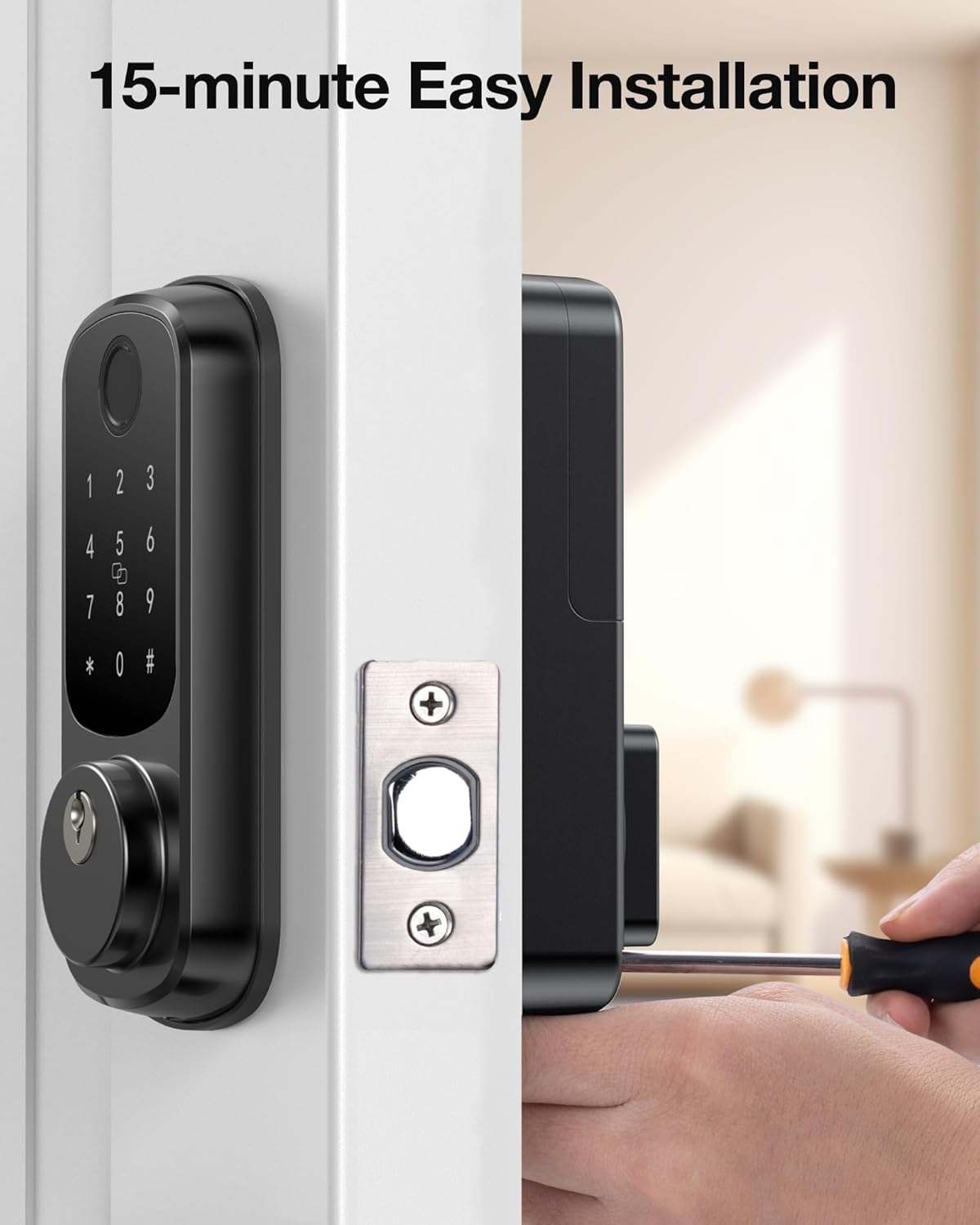 SohoTeco - Cerradura de puerta con huellas dactilares para frontal, color negro