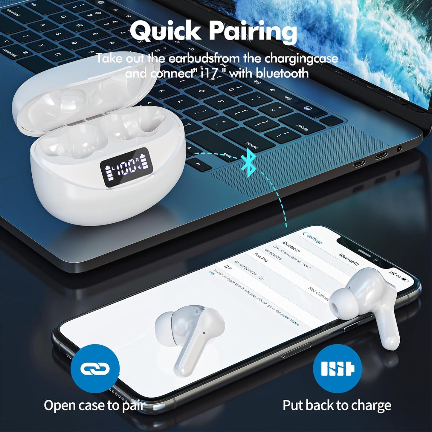 Auriculares inalámbricos Bluetooth 5.3 HiFi estéreo Bcaikair blanco