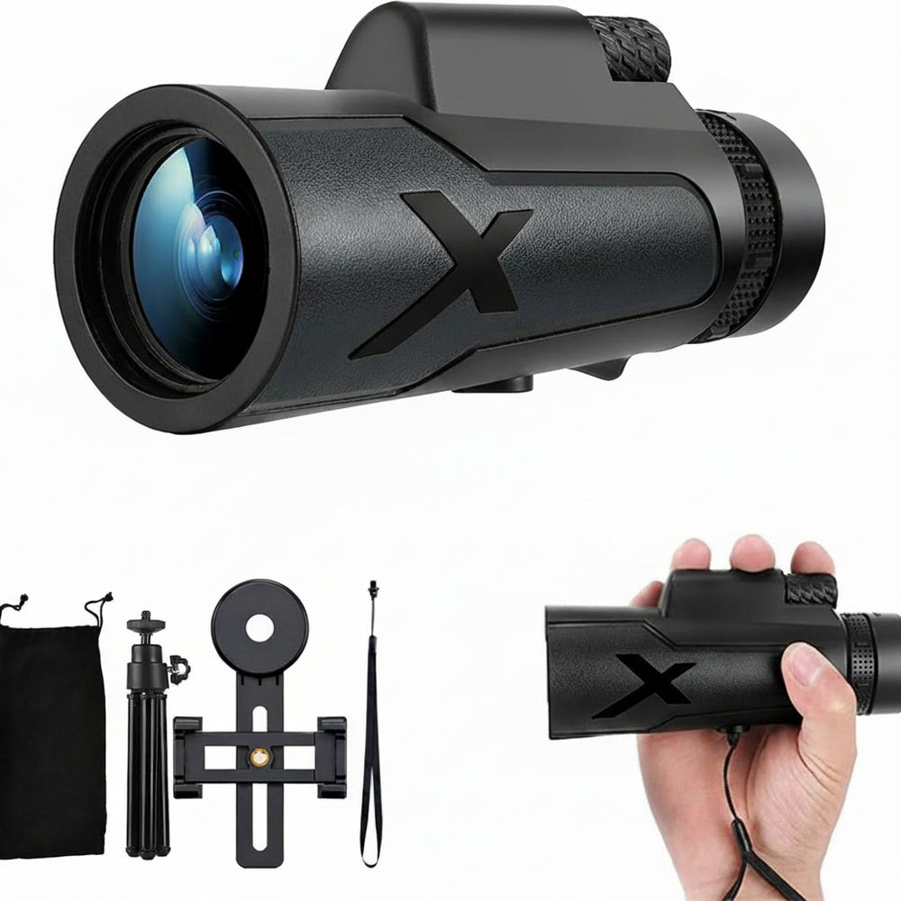 Telescopio monocular 12x50, con soporte para smartphone y trípode.