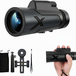 Telescopio monocular 12x50, con soporte para smartphone y trípode.