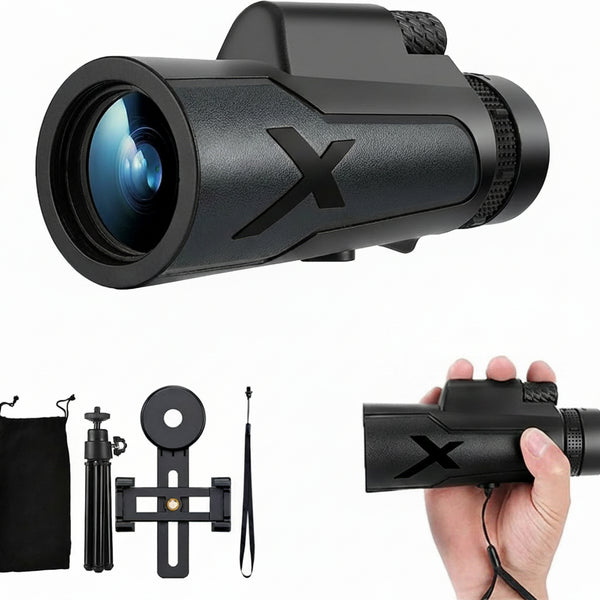 Telescopio monocular 12x50, con soporte para smartphone y trípode.