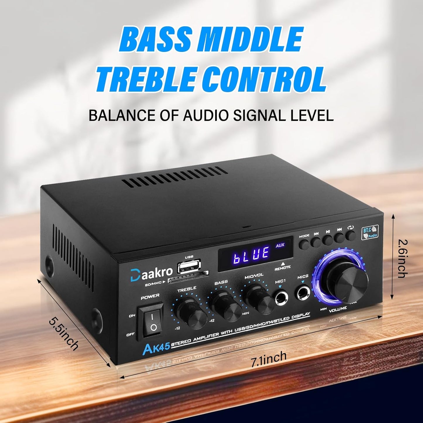 Amplificador de audio estéreo, 300W, Daakro AK45, control remoto.