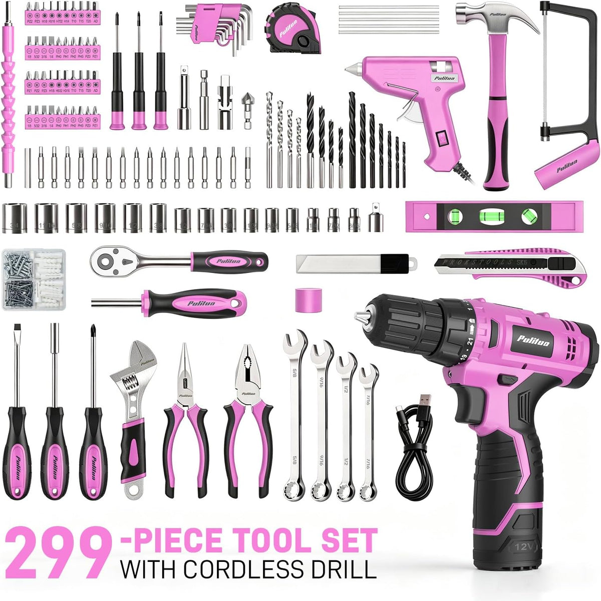Caja de herramientas PULITUO rosa con taladro inalámbrico 12V y accesorios — vista 2