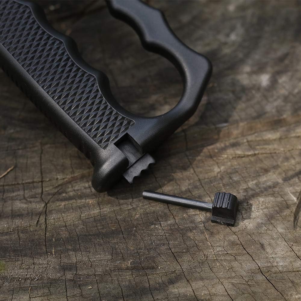 Cuchillo de hoja fija con vaina táctica, iniciador de fuego, rompe vidrio.