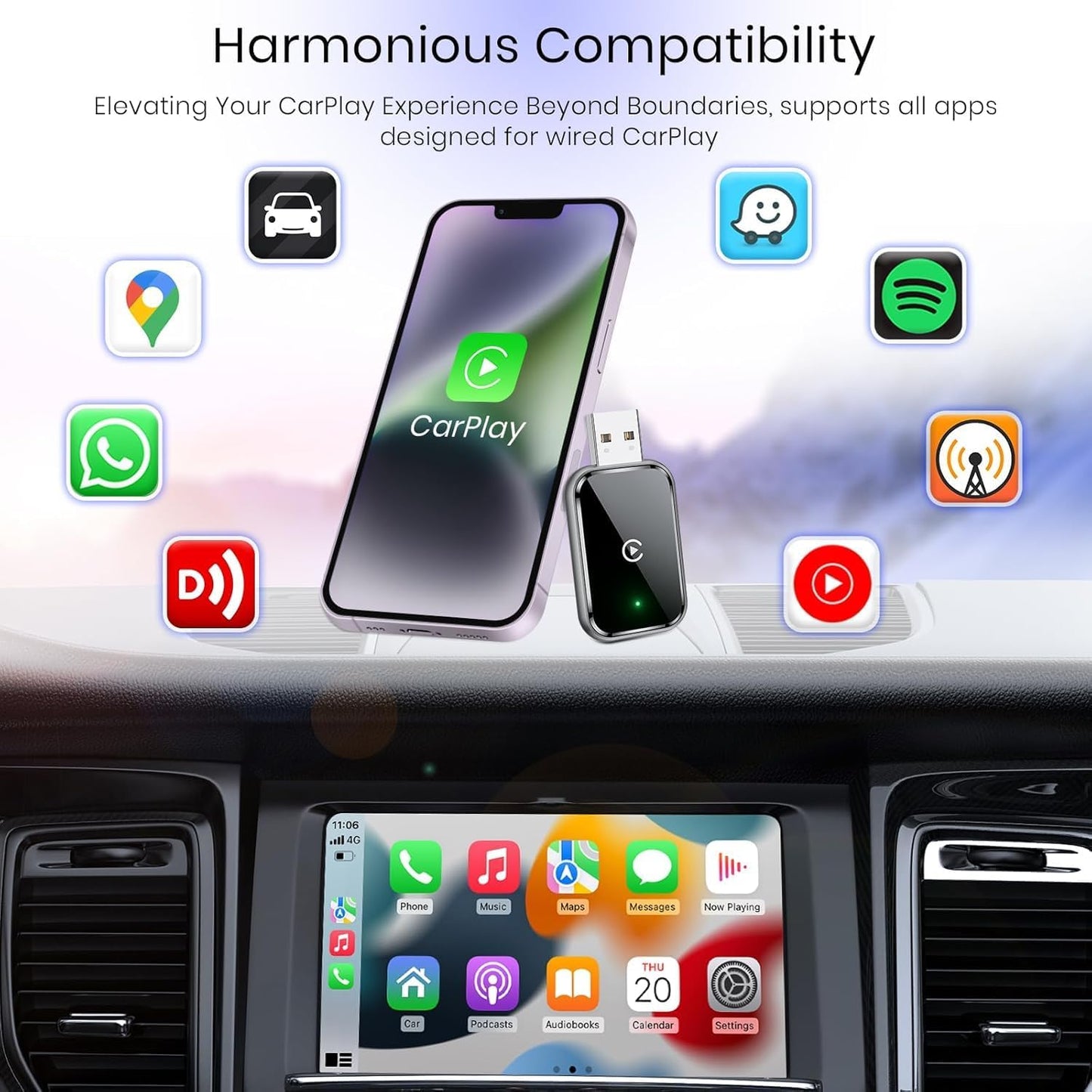 Adaptador inalámbrico CarPlay, para iPhone, Mini Size