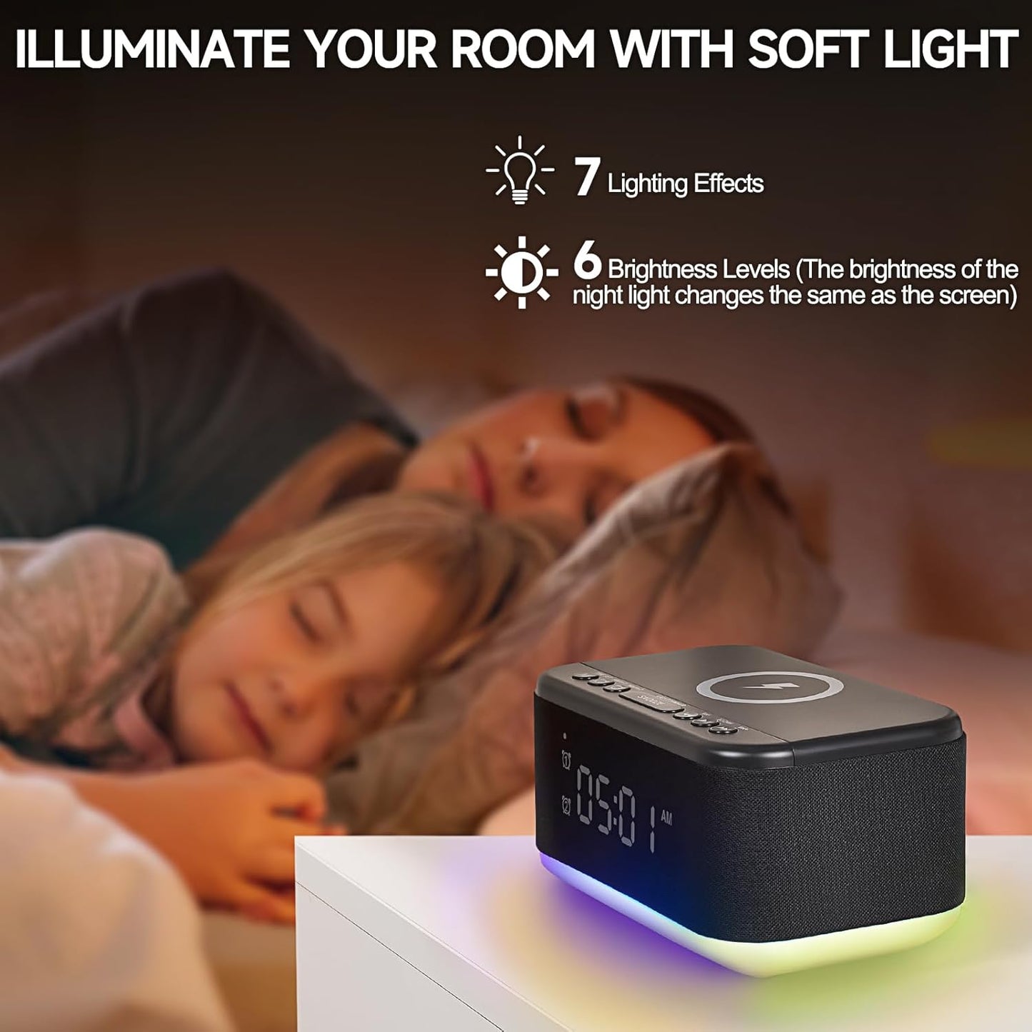 Reloj despertador con altavoz cargador inalámbrico, despertador digital,