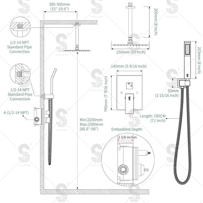 Sistema de ducha SR Sunrise 12", cabezal para techo y mezclador lluvia.