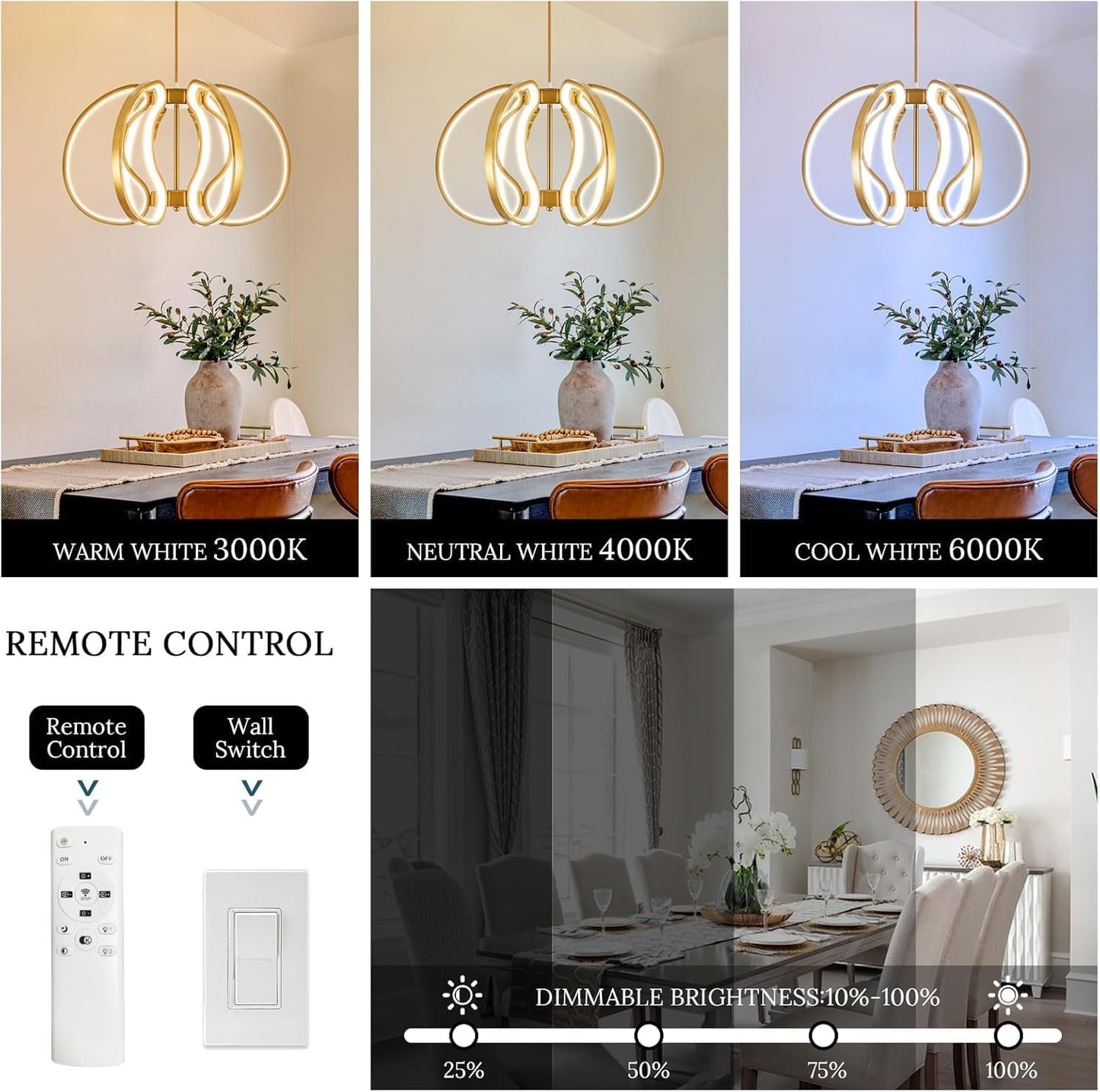 Jyforid, Lámpara de araña moderna, color oro LED, regulable.