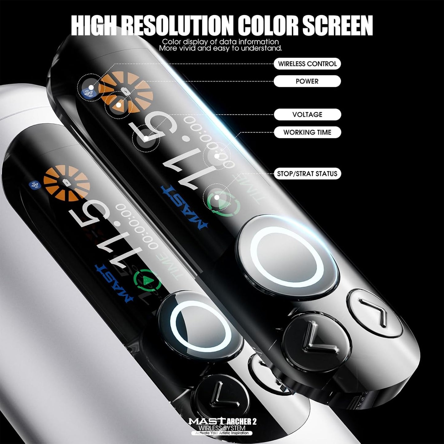 Pluma de tatuaje inalámbrica, Mast Archer2, Negro (USADO).