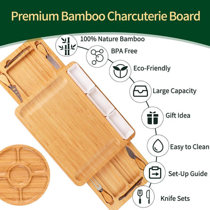Juego de tabla de Charcutería, YZS, Con tabla y charola de Bambú.