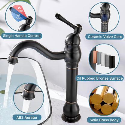 Grifo giratorio de 360° para lavabo de una sola manija y drenaje, bronce aceitado