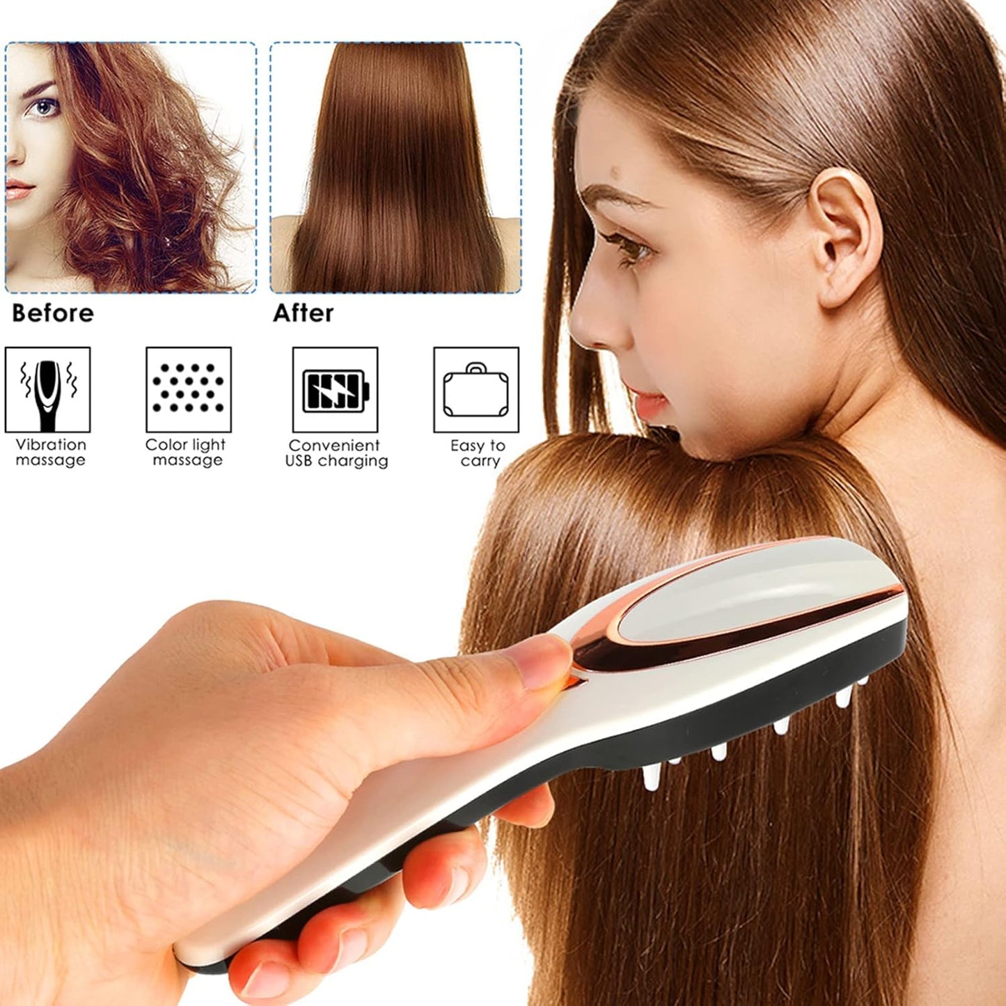 Cepillo Iónico para el cabello, Carga USB, Fototerapia Masajeador.