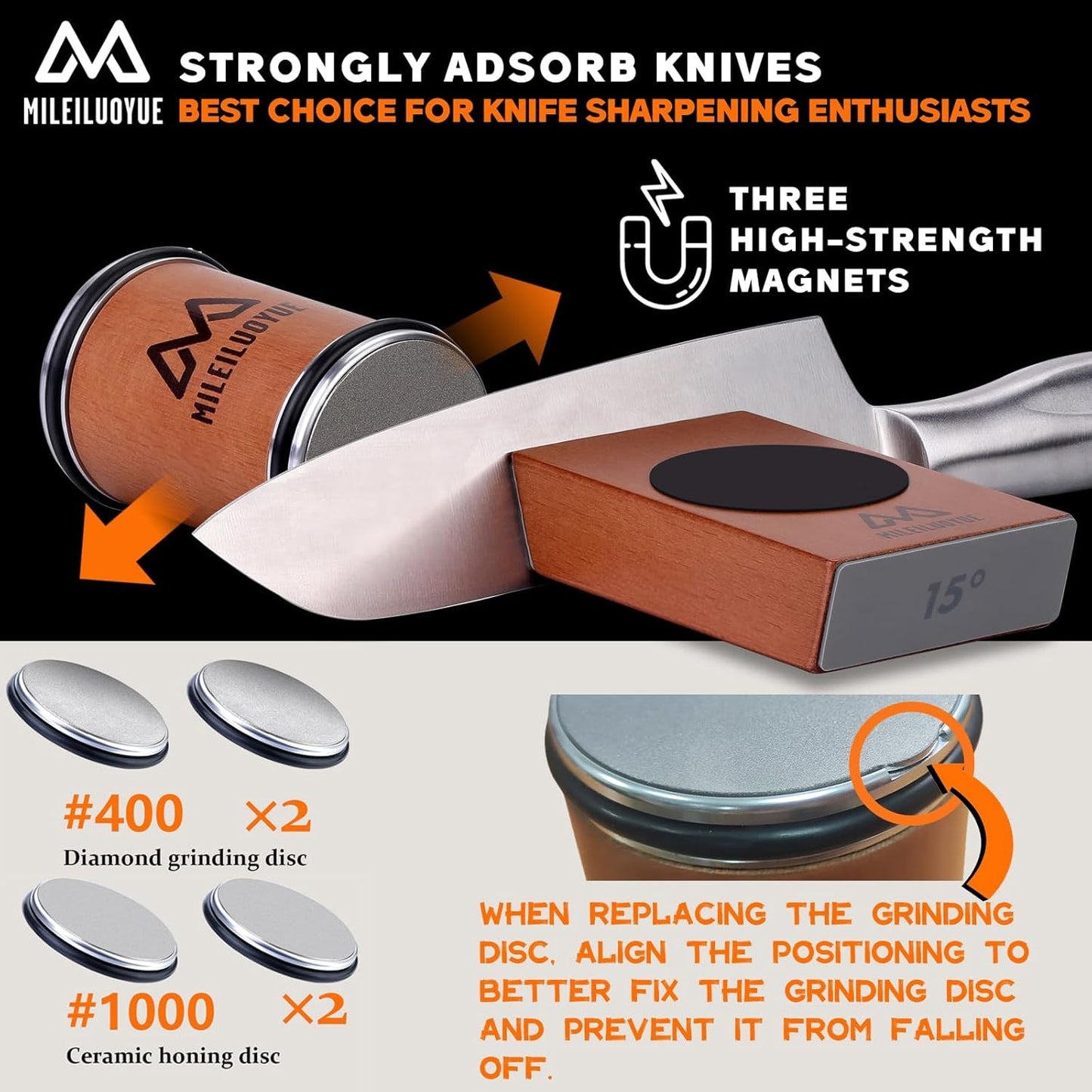 Kit de afilador de cuchillos, Ángulos de inclinación magnéticos.