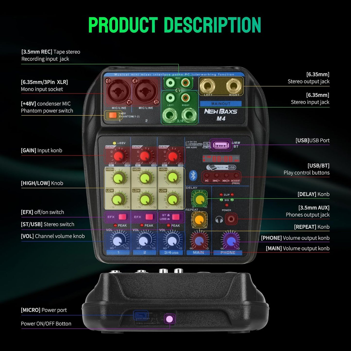 Mezclador de audio para DJ, NEW BAXS Sound Mixer Board.