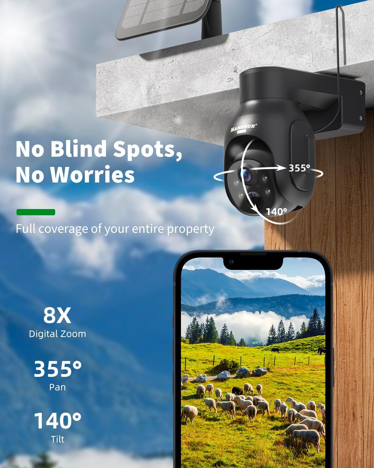 Manshur® Cámara de seguridad celular 4G LTE solar con tarjeta SIM.