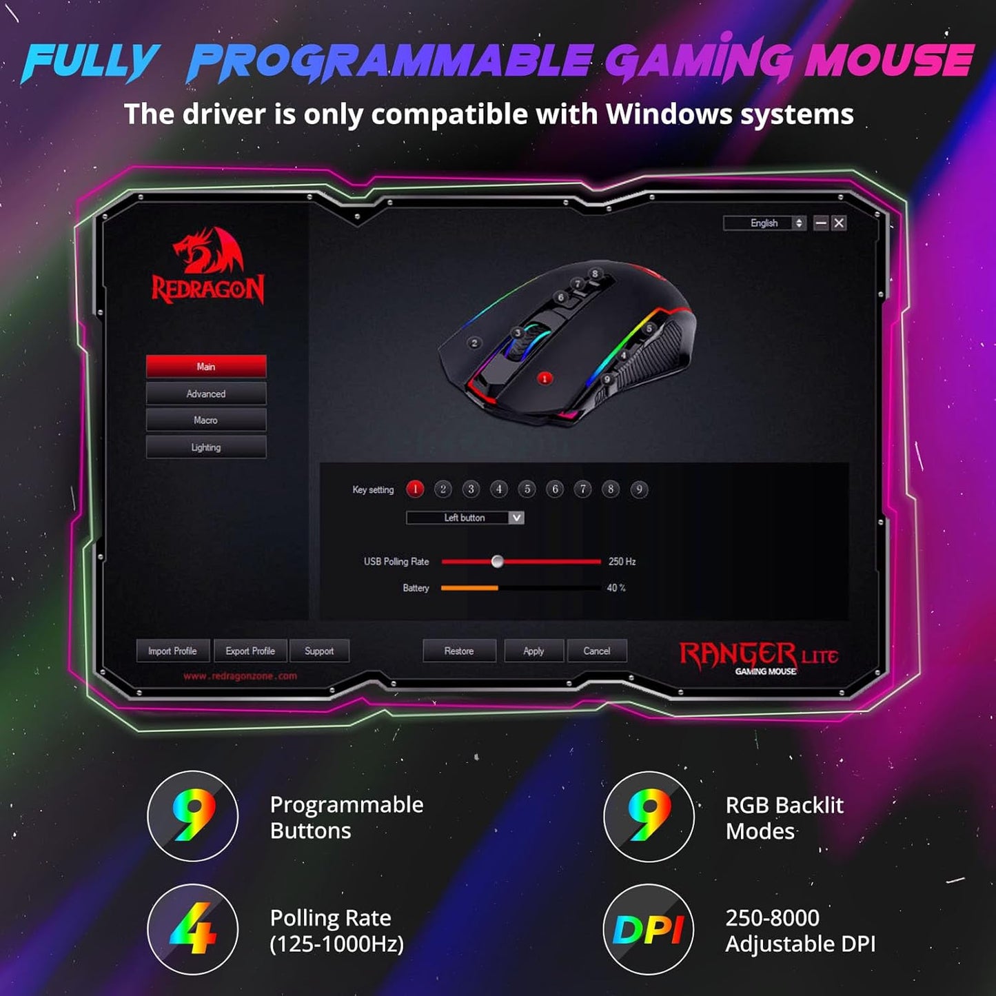 Mouse inalámbrico para juegos, con 8000 DPI, Redragon, RGB.