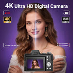 Cámara digital 4K para fotografía, pantalla 180°-3", zoom 16X, 32 GB