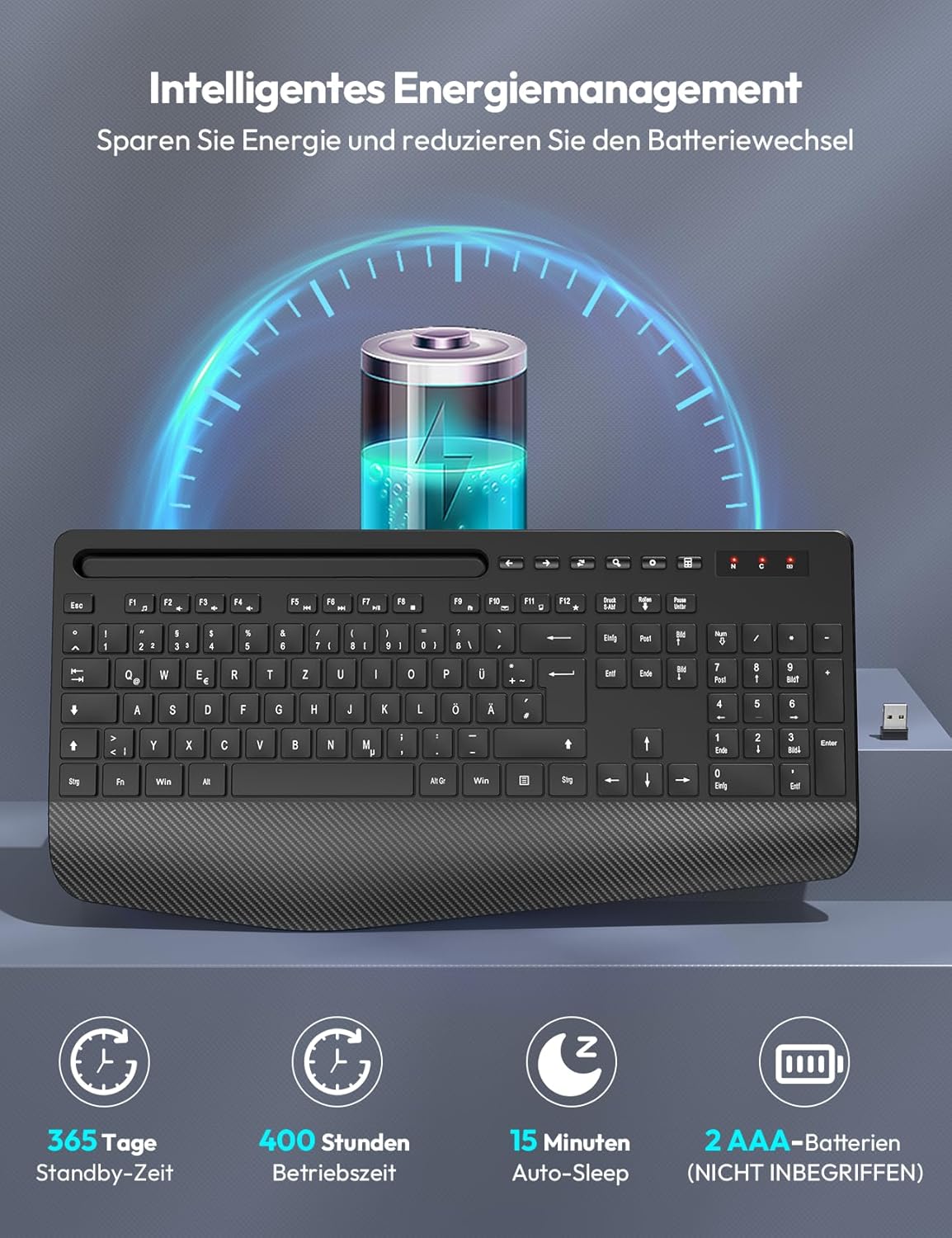 Teclado inalámbrico con reposamuñecas, ranura para teléfono o tablet.