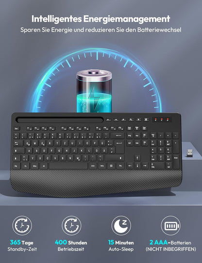 Teclado inalámbrico con reposamuñecas, ranura para teléfono o tablet.