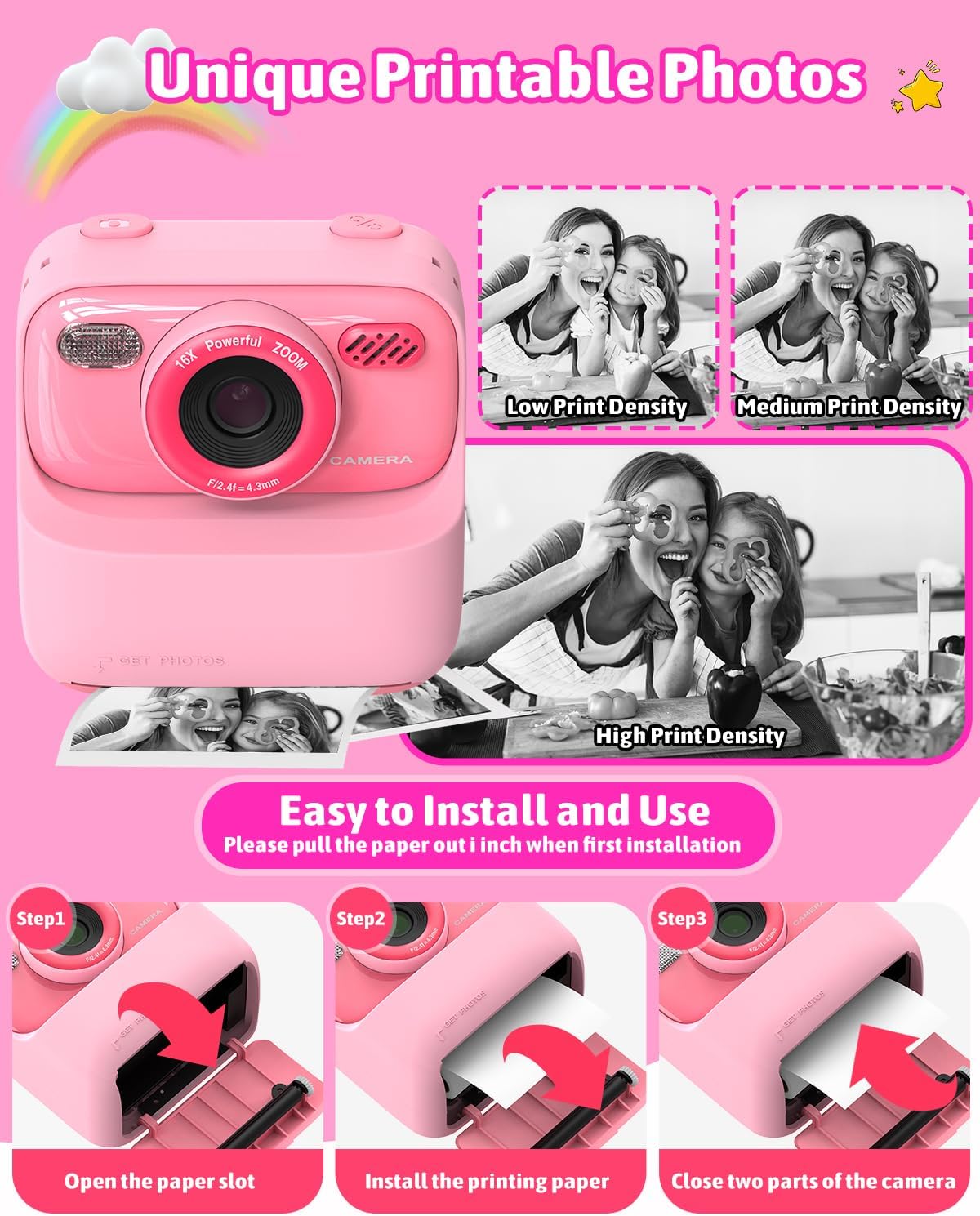 Cámara de fotos instantánea para niños color rosa