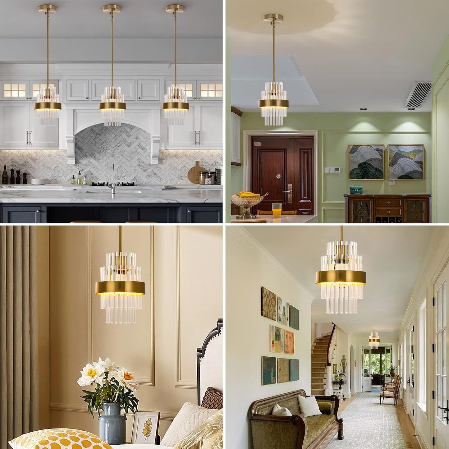 Lámparas colgantes de cristal, color latón, altura ajustable.