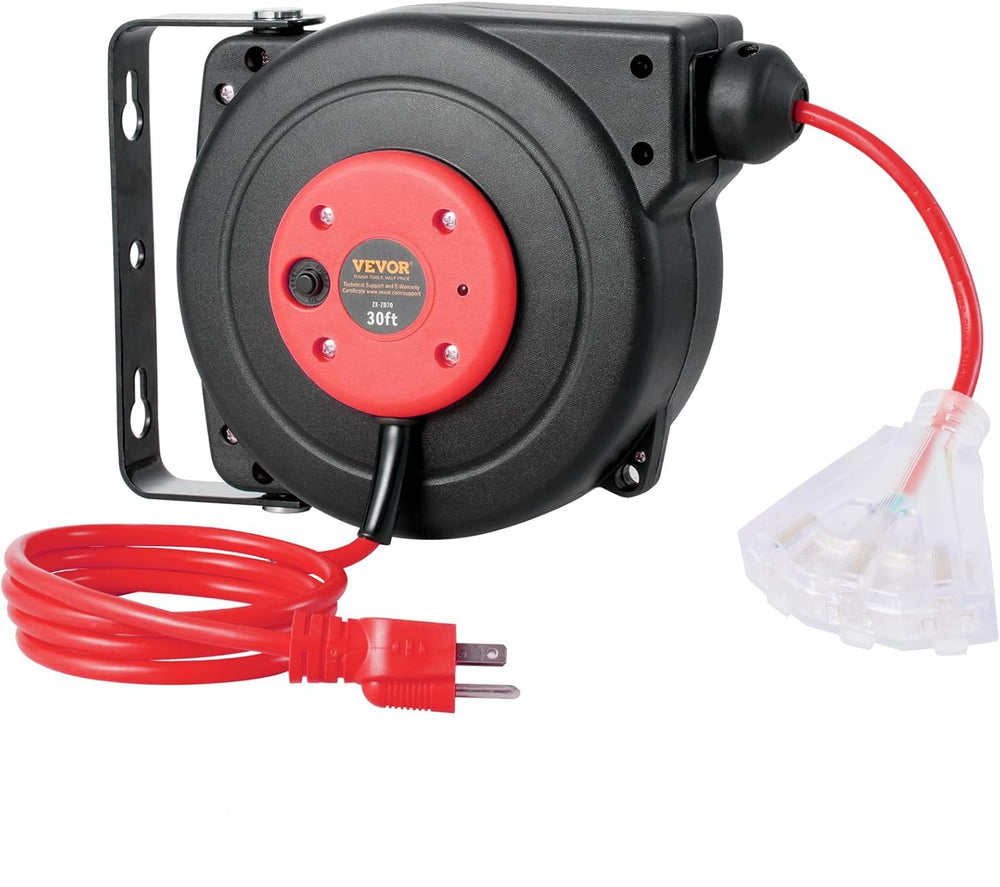 Carrete de cable de extensión retráctil Vevor, 30 ft toma triple iluminada