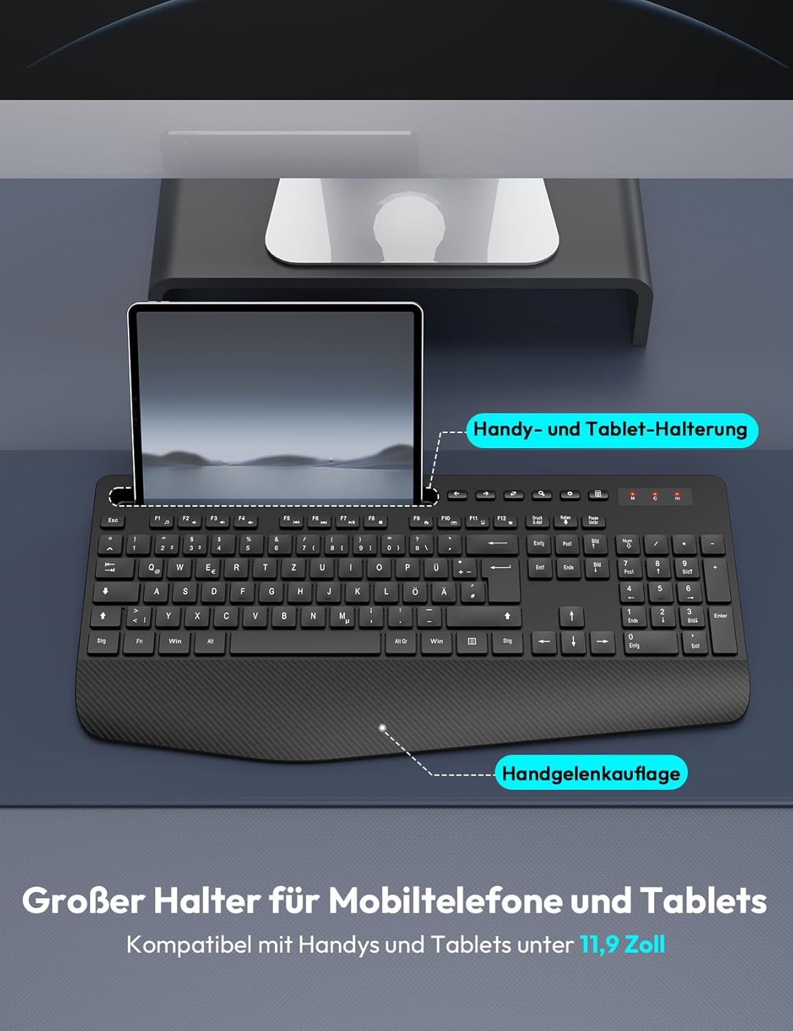 Teclado inalámbrico con reposamuñecas, ranura para teléfono o tablet.