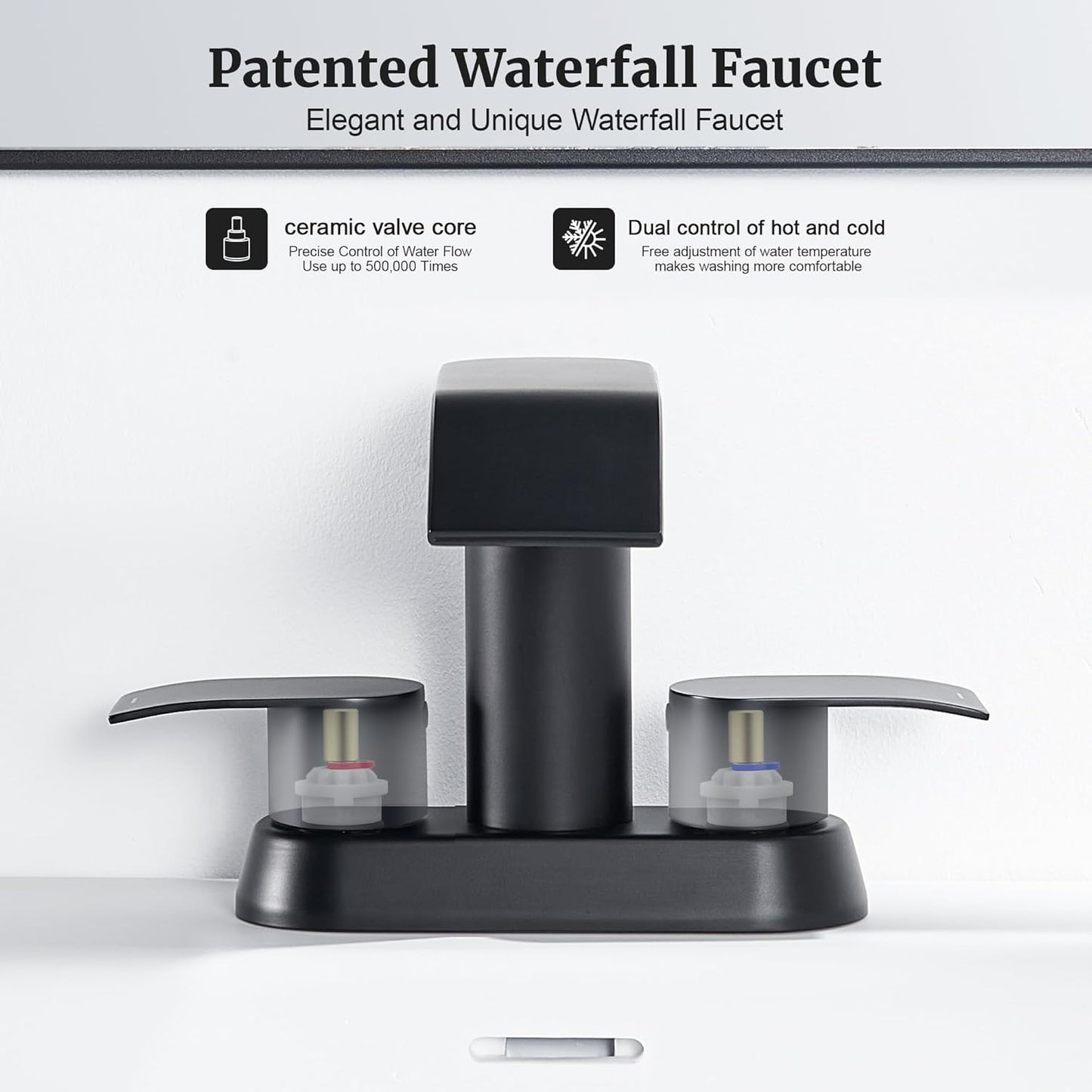 Grifo de baño de cascada negra, 4 pulgadas para 3 agujeros con drenaje desplegable.