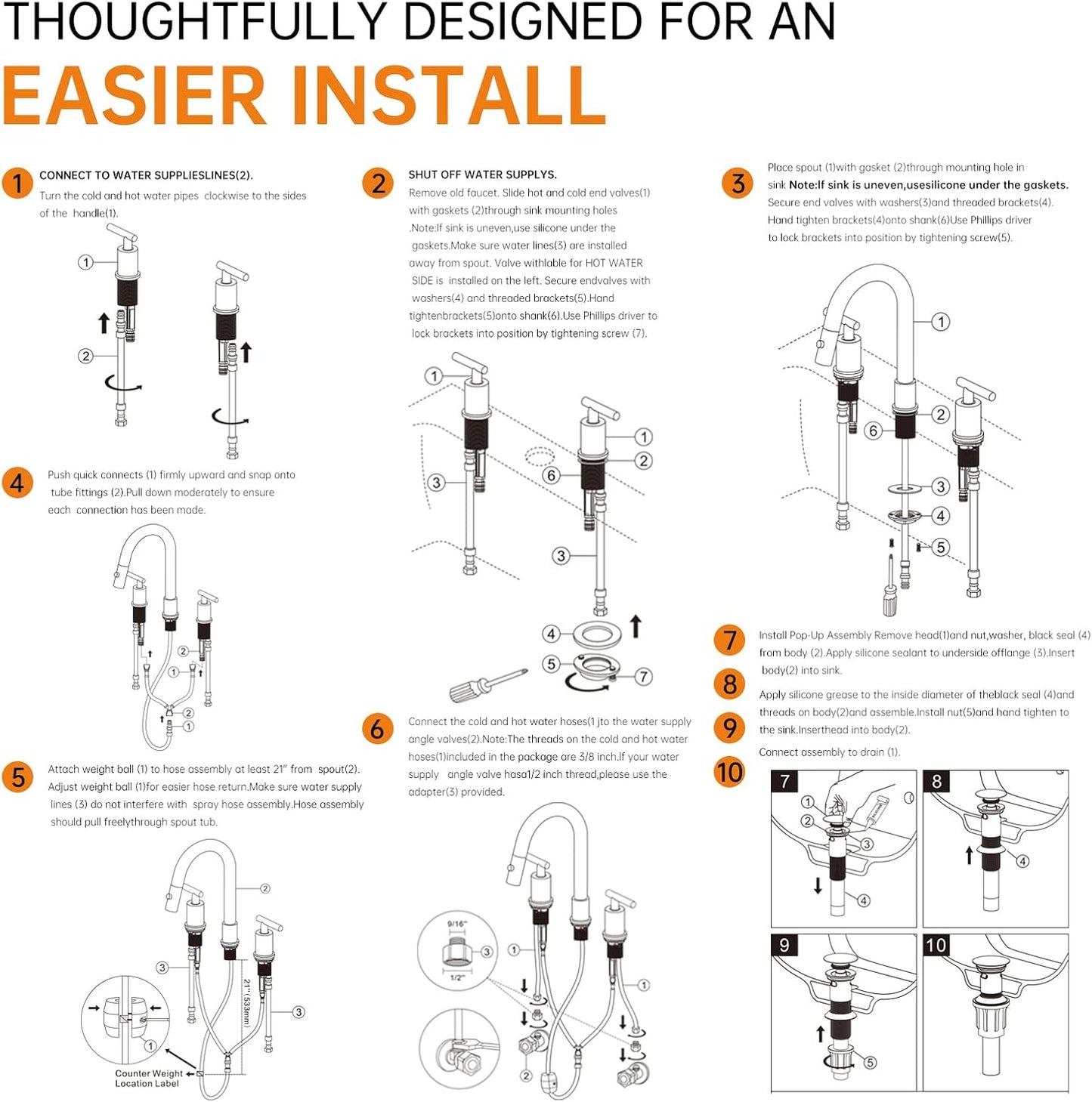 Grifo de baño desplegable con rociador 360° en acero inoxidable cepillado con drenaje emergente