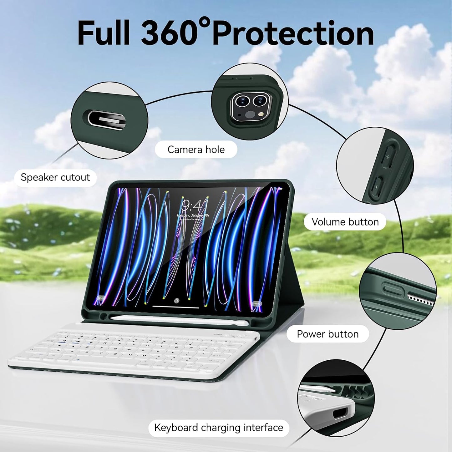 Funda con teclado para iPad Pro de 11", Bluetooth, Recargable.