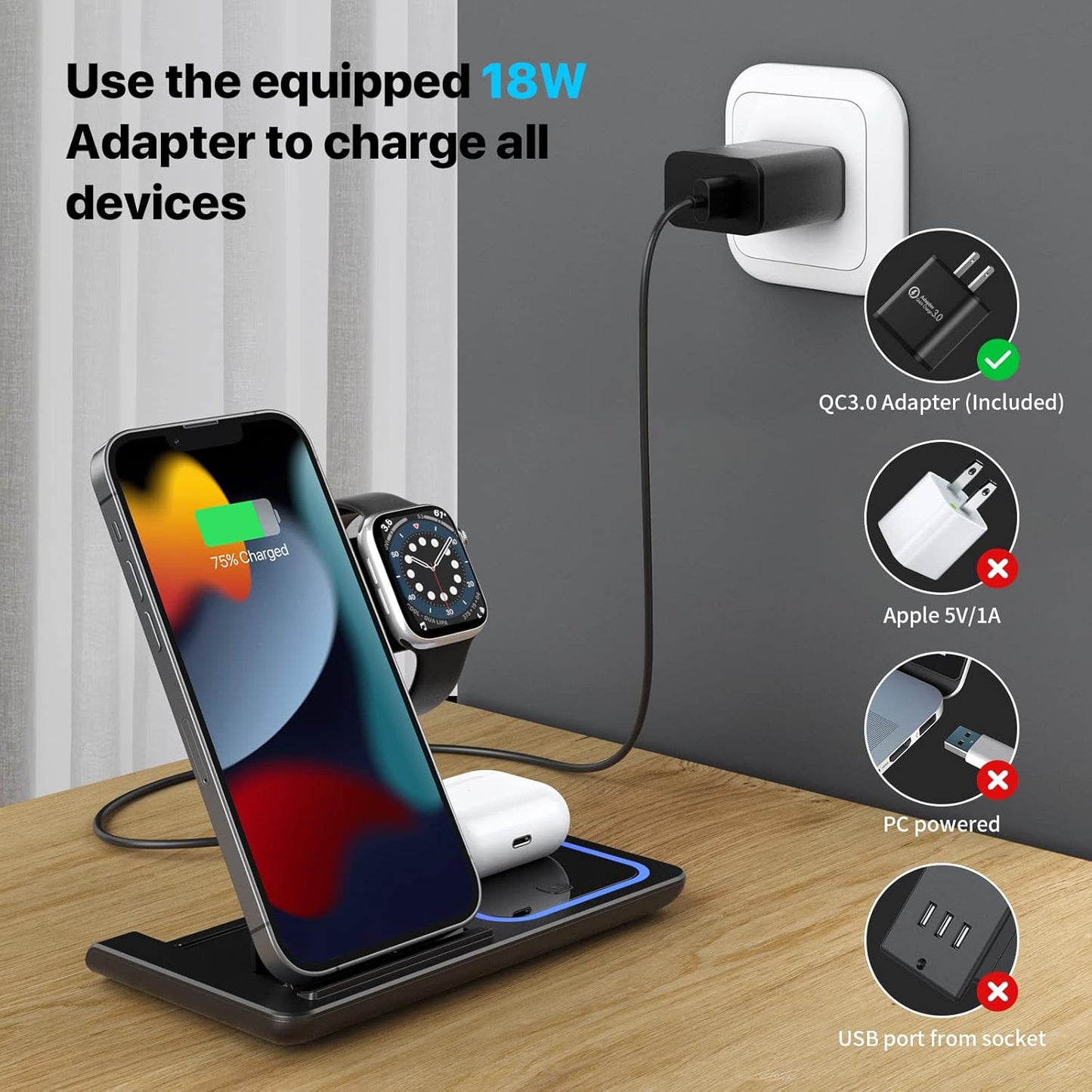 Estación de carga inalámbrica 3 en 1 plegable 15W