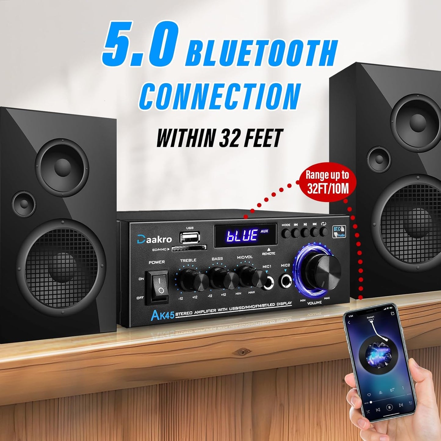 Amplificador de audio estéreo, 300W, Daakro AK45, control remoto.