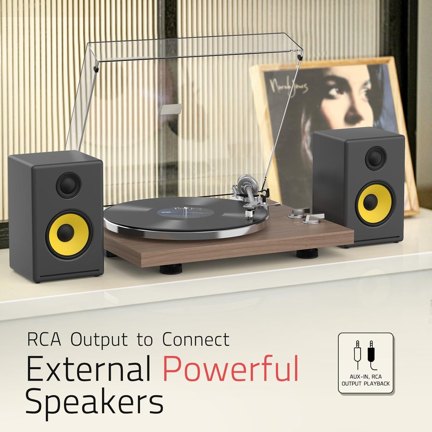 Reproductor de discos, transmisión por correa, 33-45 rpm.