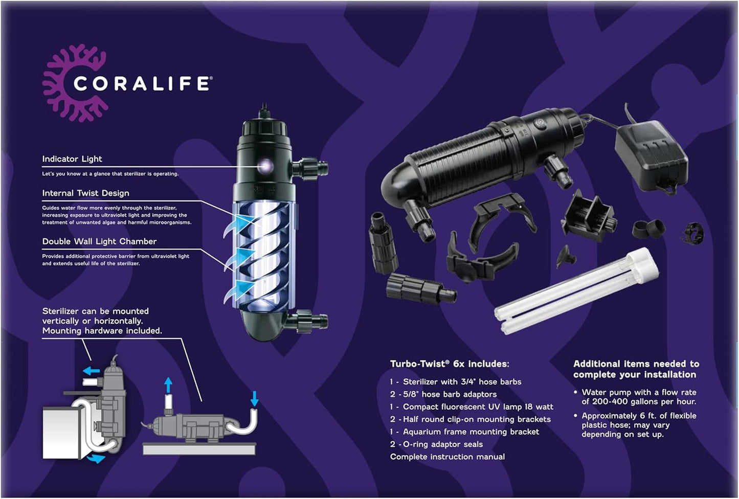 Esterilizador UV Coralife, Turbo Twist 6X de 18W, Acuarios +250Gal.