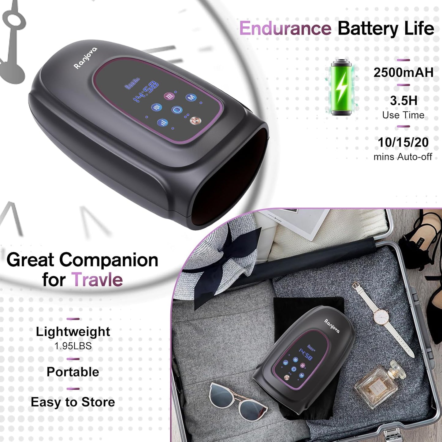 Masajeador de manos con calor y compresión, inalámbrico.