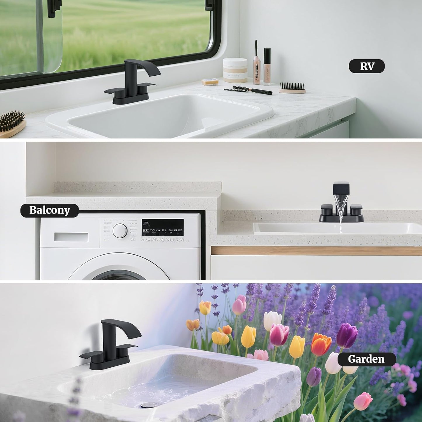 Grifo de baño de cascada negra, 4 pulgadas para 3 agujeros con drenaje desplegable.