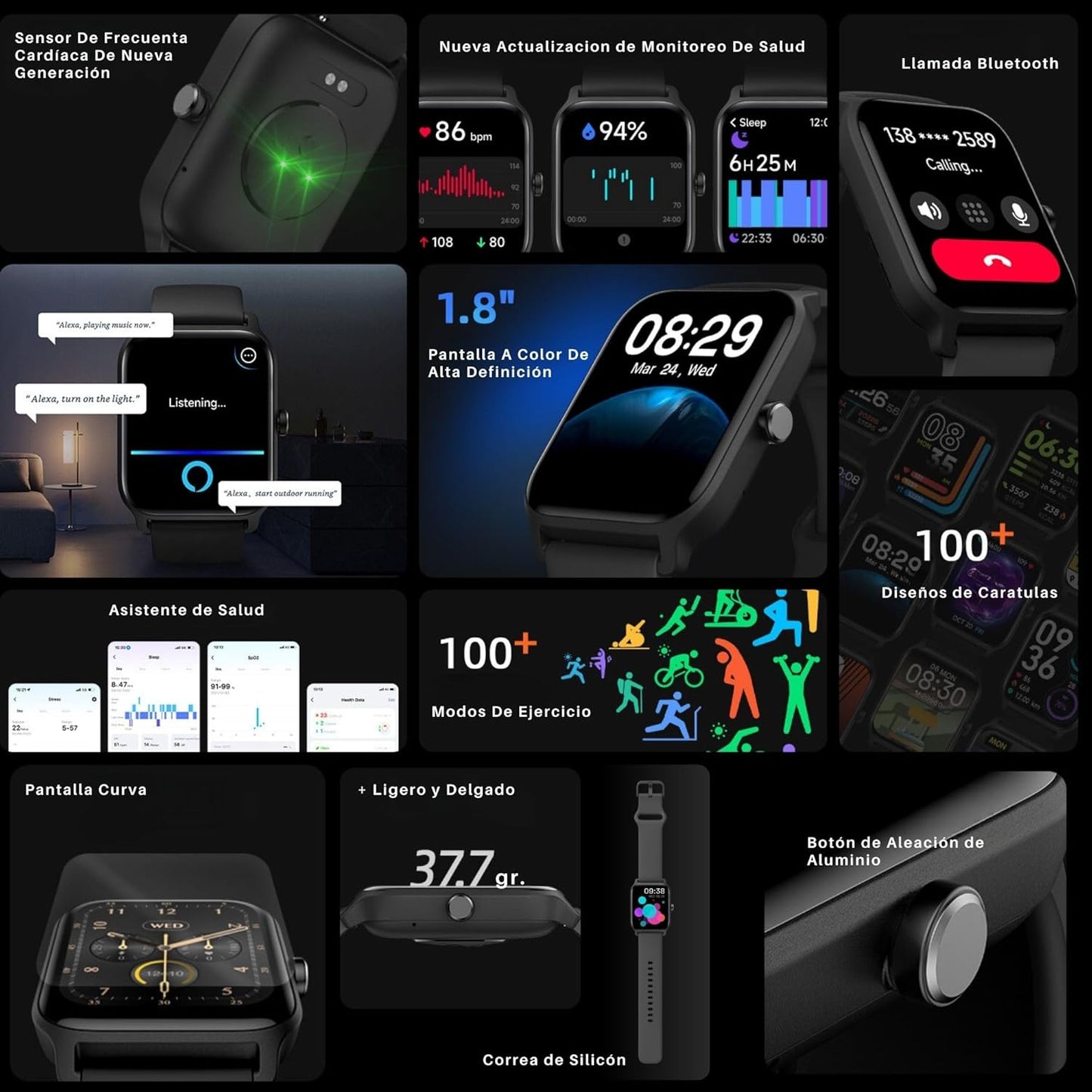 Reloj Inteligente Unisex, IP68 Alexa Integrado, Android iOS.