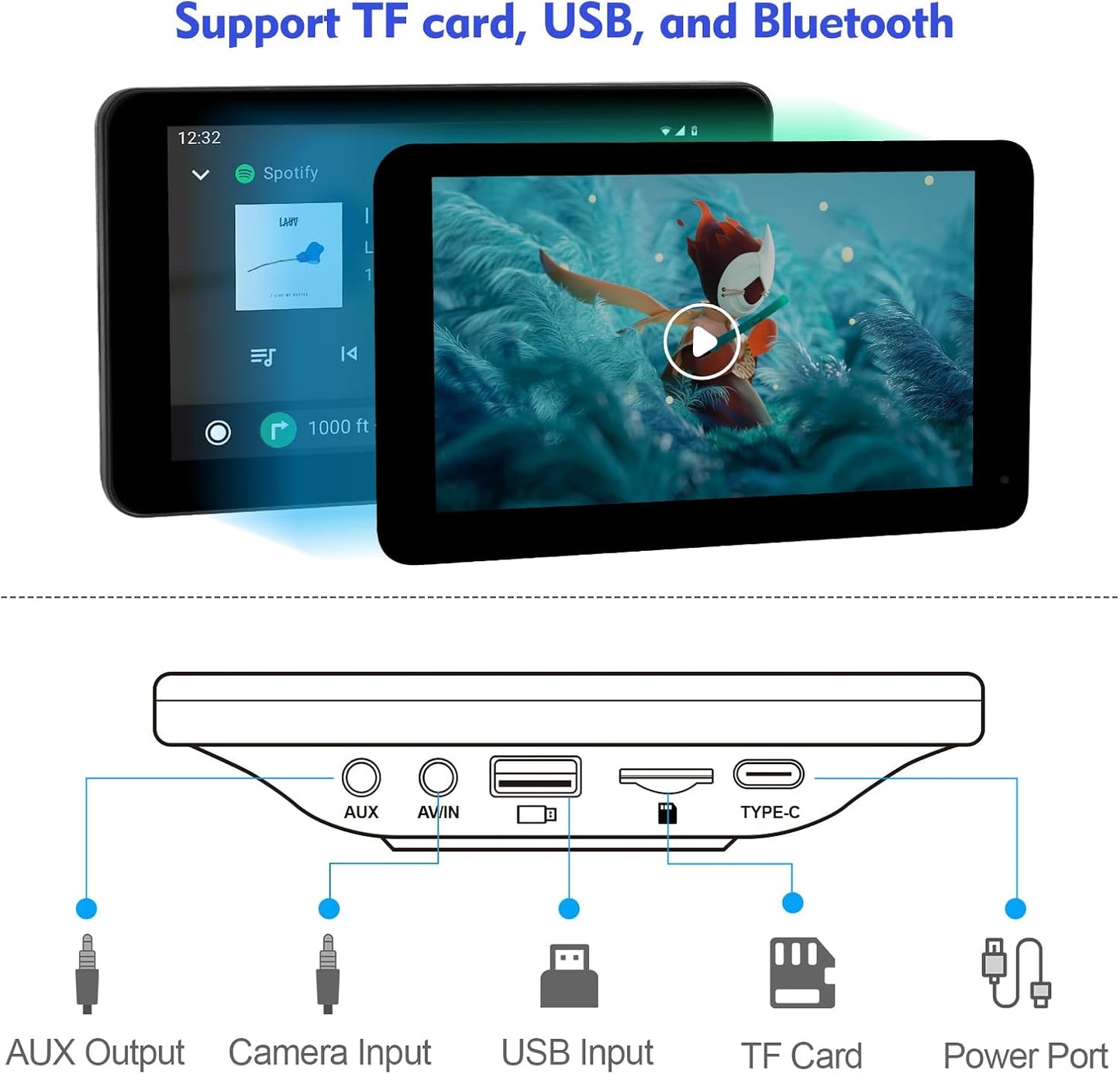 Estéreo portátil inalámbrico Carplay y Android Auto, 7", cam. Trasera.