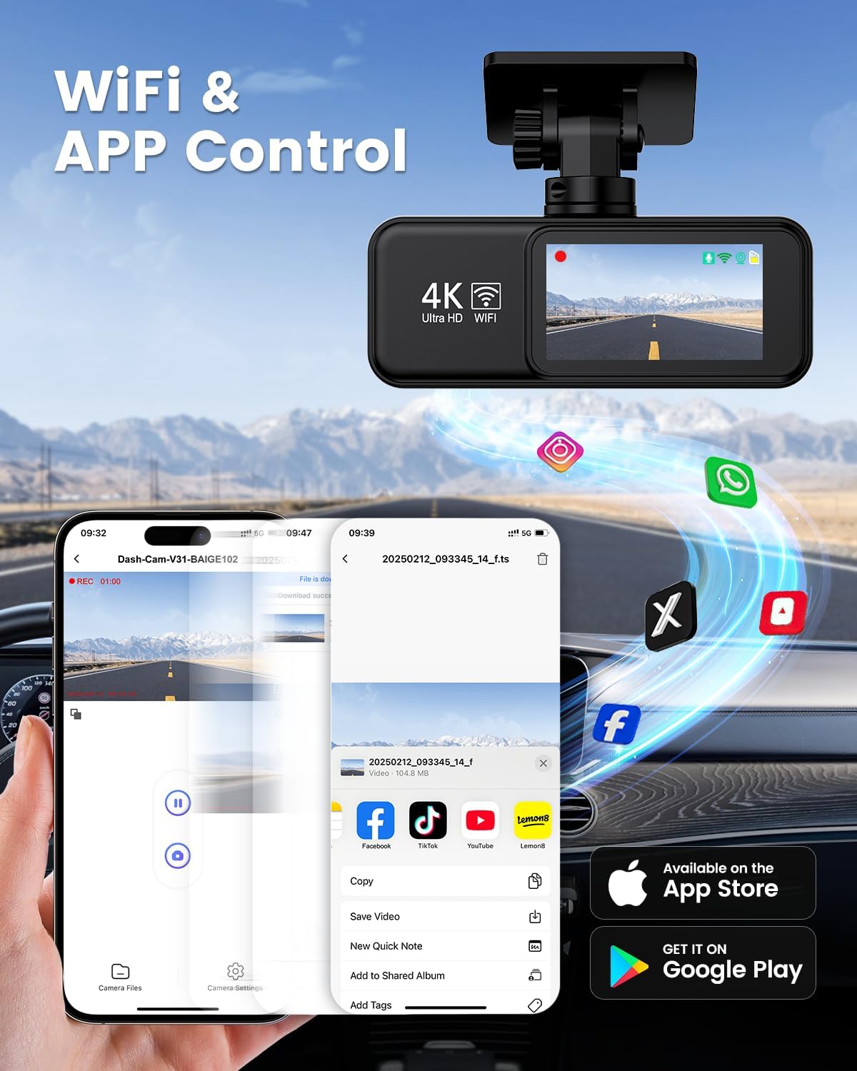 Dash Cam delantera y trasera 4K, cámara WiFi para coche.