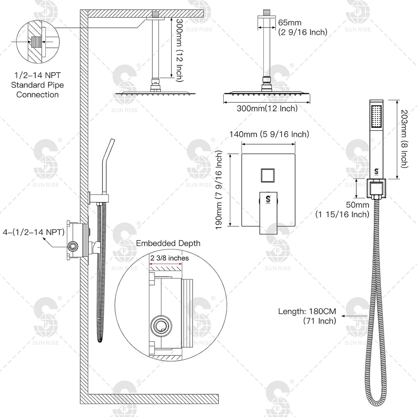 Sistema de ducha de níquel cepillado de 12", con cuerpo de valvula.