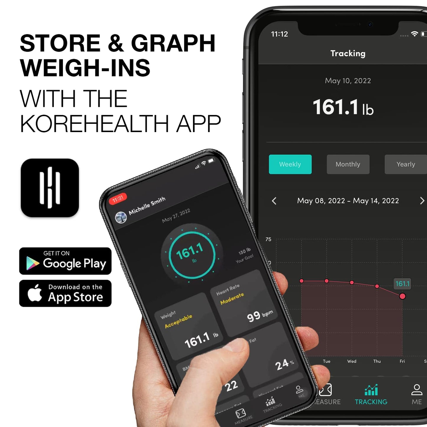 KoreHealth Báscula digital inteligente IMC, grasa corporal, masa muscular y peso .