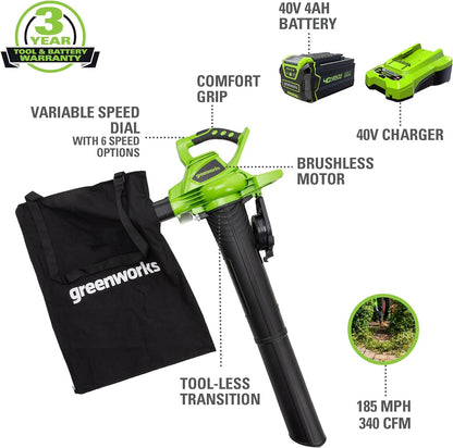 Soplador aspirador de hojas, inalámbrico, velocidad variable 40V.